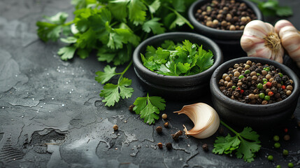 fresh coriander , garlic,black pepper on the wooden backgrounds top view