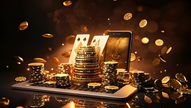 casino, gamble, poker, money, luck, chance, Podium with smartphone, casino slot machine, Casino Roulette , cards and poker chips in dark gold scene