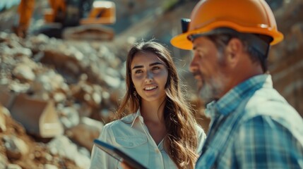 Obraz premium Hispanic Female Inspector Talking to Caucasian Male Land Development Manager With Tablet On Construction Site Of Real Estate Project Excavators Preparing For Laying Foundation Hot Sunny Day