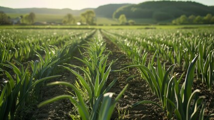 Fields of green garlic, bright green color and tender stems of garlic plants