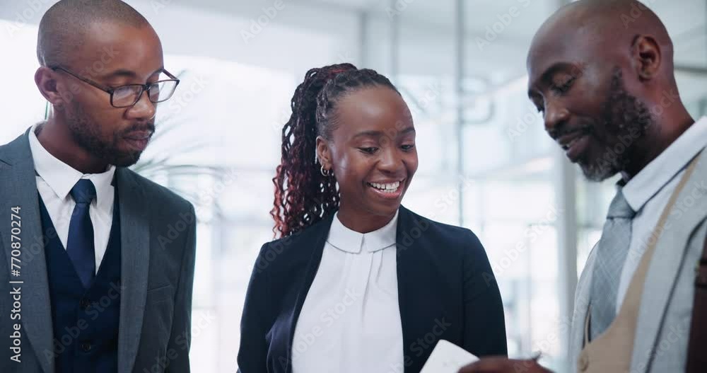 Poster Black people, business meeting and discussion with planning for collaboration, communication and happy working together. Notes, agreement and corporate group in team with problem solving for strategy