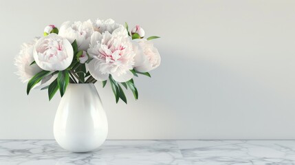White decorative vase filled with beautiful peonies, neatly placed on a marble table