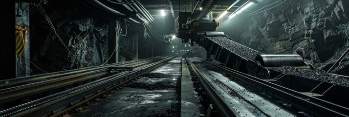 Coal mine, highlighting the conveyor belt moving coal through underground tunnels