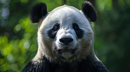 Close portrait of head of huge panda. Incredible panda personality.