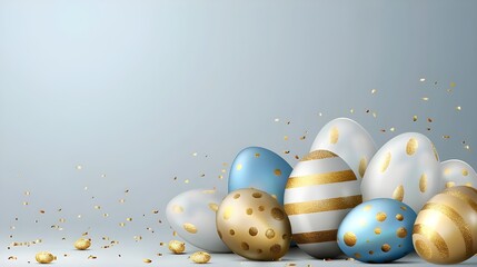 Easter greeting background with realistic golden, blue, white Easter eggs ai generated 