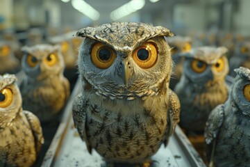 Owl parliament toils through the night in a factory, showcasing the hidden workforce in a whimsical 3D animation.