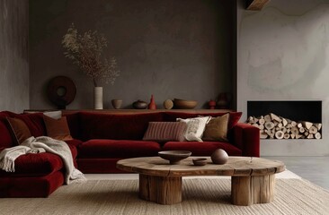 A minimalistic living room with an oversized red velvet sofa, wood accents and a dark grey wall as the background