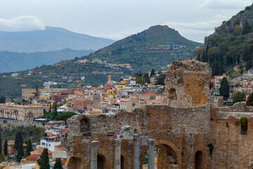 Fototapeta na wymiar Ruins of the Ancient Greek Theater in Taormina, Sicily
