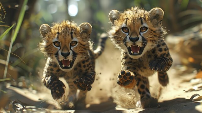 In a whimsical 3D cartoon scene, cheetahs work as delivery couriers, guaranteeing lightning-fast package delivery services.