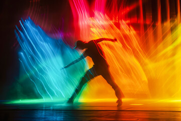 Dancer's Silhouette Against Vivid Light Show - obrazy, fototapety, plakaty