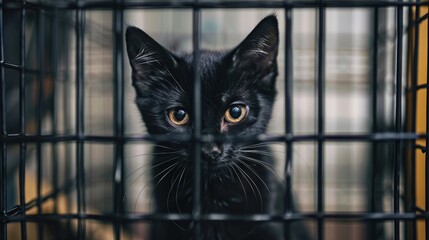 Unwanted and homeless cute sad cat in the cage, specialized pet shelter	
