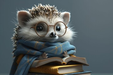 In a whimsical 3D cartoon, hedgehogs serve as diligent librarians, meticulously organizing books to highlight the value of education. - obrazy, fototapety, plakaty