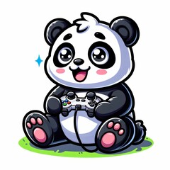 Adorable Cartoon Panda Playing Video Games Illustration