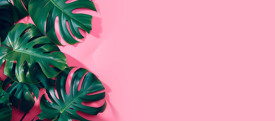 Summer philodendron tropical leaves minimalist concept on vibrant pink background with copy space. - obrazy, fototapety, plakaty