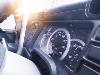 Car dashboard old type diaplay speed and indicator on vehicle truck.