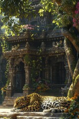 Obraz premium Jaguars resting under Bodhi trees, showcasing the strength of tranquility and observation on Buddha's Birthday in a 3D animated depiction.