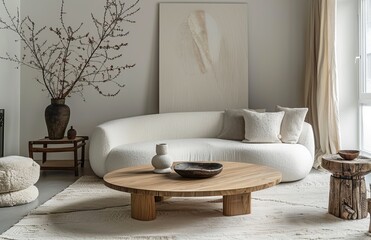 A minimalistic living room with an oversized white sofa, a round wooden coffee table, and decorative vases on the side tables
