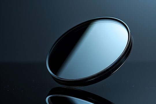 Close-up view of a ND Filter isolated on a black background, highlighting the intricate details of photography equipment and technology