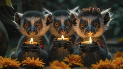 Raamstickers Lemurs illuminate the path to wisdom and enlightenment on Buddha's Birthday in a vibrant 3D animated scene. © Kanisorn