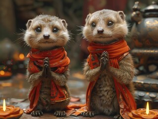 Mongoose participating in rituals to dispel darkness, embodying protection on Buddha's Birthday in a 3D cartoon illustration. - obrazy, fototapety, plakaty