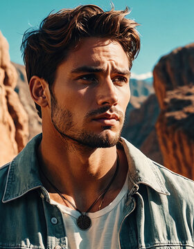 Rugged Adventurer: A Modern Man in a Prehistoric Setting | This striking image depicts a modern man with a rugged, handsome appearance set against a dramatic prehistoric landscape. The artwork sh