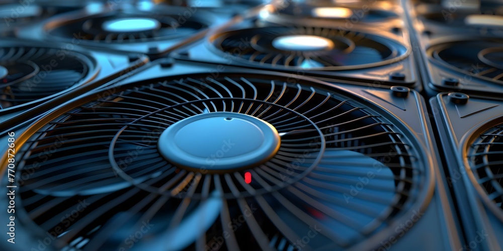 Poster closeup of computer fans inside a server crucial for cooling components and preventing overheating. 
