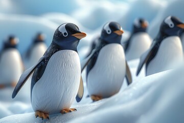 Obraz premium Penguins sliding on ice, forming patterns that celebrate the virtues of Buddha on his birthday in a playful 3D cartoon illustration.