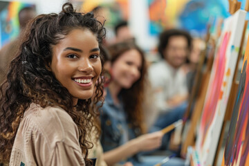 Fototapeta premium A woman with curly hair is smiling at the camera while painting a picture