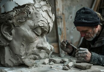 sculptor with his sculptures and works made of clay