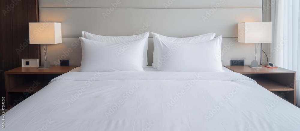 Sticker a comfortable bed with white sheets and pillows in a hotel room. the bed frame is made of wood, addi