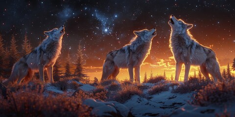 Wolves howling melodious tunes under the starry sky, echoing the teachings of Buddha on his birthday in a 3D cartoon illustration. - obrazy, fototapety, plakaty