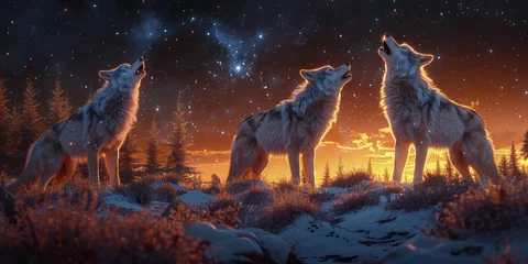 Fotobehang Wolves howling melodious tunes under the starry sky, echoing the teachings of Buddha on his birthday in a 3D cartoon illustration. © Kanisorn