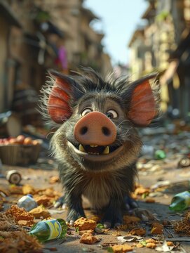 Expert warthogs lead a green revolution, advocating for recycling and composting through a vibrant 3D cartoon depiction.