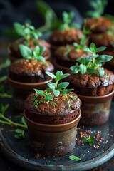 Photography of cupcakes made for Earth Day celebration. Plants in pots concept. Fresh green snack party. Ai generated illustration.