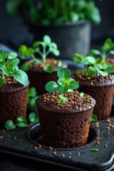 Photography of cupcakes made for Earth Day celebration. Plants in pots concept. Fresh green snack party. Ai generated illustration.