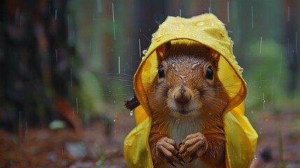 Closeup of cute sweet red squirrel with yellow raincoat in rain in forest