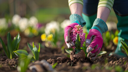 Hands in colorful gardening gloves plant a pink hyacinth in a sunlit flowerbed. - obrazy, fototapety, plakaty