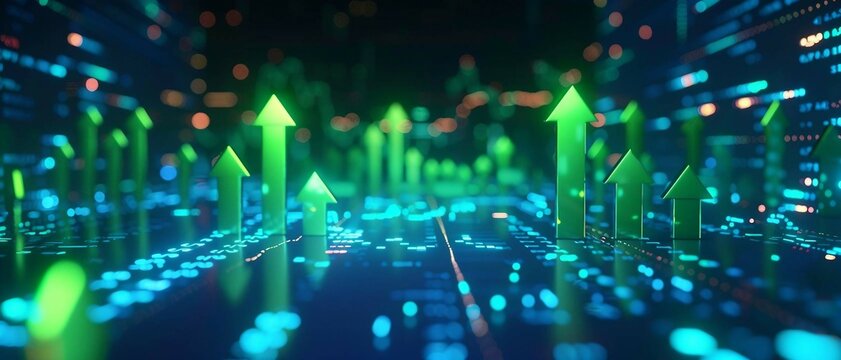 business finance chart . green arrow pointing up on digital green background, financial growth and success for business 