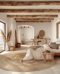 A modern boho bedroom with wide wooden beams on the ceiling, white walls and beige wood flooring....