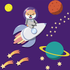 A cute astronaut dog in a spacesuit flying on a rocket. Explores the galaxy with planets, stars and the Moon. Vector illustration of the galaxy.
