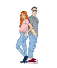 Red-haired girl and tall guy. The couple stands back to back. Fashion illustration