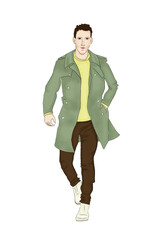 A young man in a green coat and brown trousers. Fashion illustration