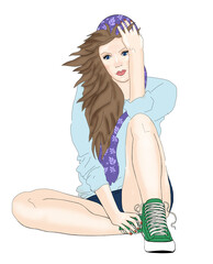 A girl in a purple handkerchief and sneakers. Fashion illustration