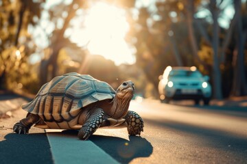 Tortoise on sunlit street, approaching car in background. - obrazy, fototapety, plakaty