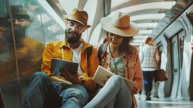 Trendy couple with hats using tablets in subway train.