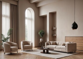 Modern villa living room design interior, beige furniture, bright walls, hardwood flooring, sofa, armchair with lamp. Concept of relax