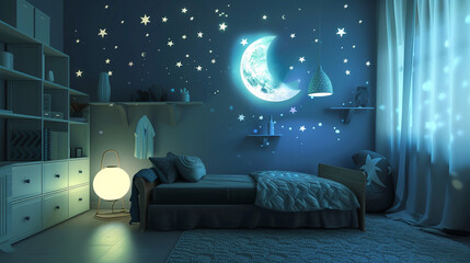 Calming nursery with a starry night theme, gentle moon and stars projector, 3D render