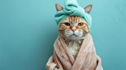 Cute relaxing chilling cat with towel turban on his head and bathrobe, cut out on blue turquoise color