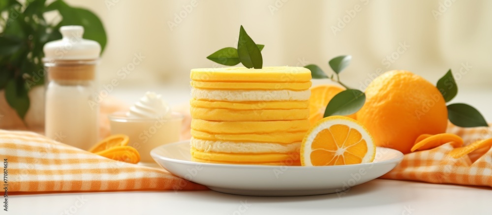 Poster a stack of cookies with orange slices arranged on a rectangular yellow plate placed on a table. the 