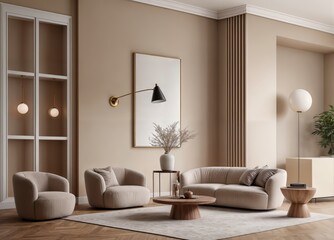 Fototapeta na wymiar Modern villa living room design interior, beige furniture, bright walls, hardwood flooring, sofa, armchair with lamp. Concept of relax